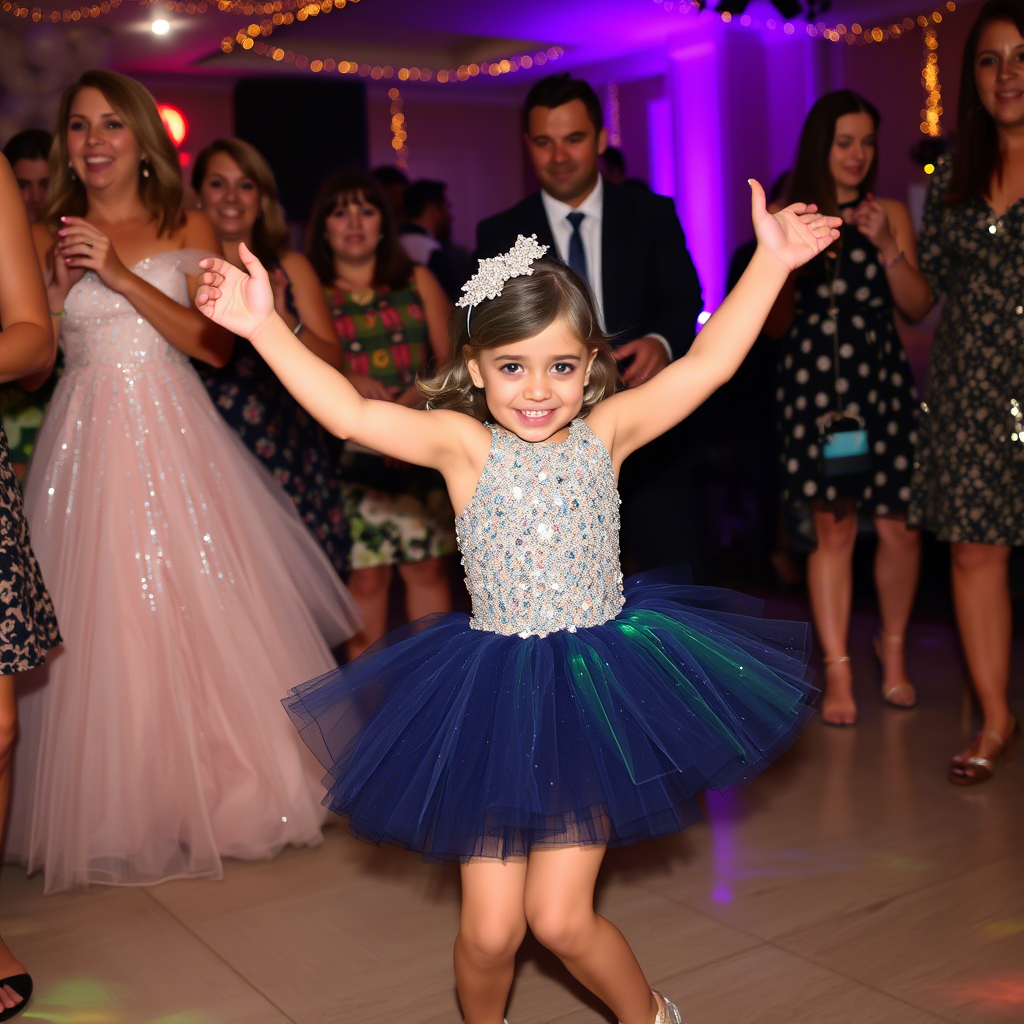 Stylish little girl in sparkly tutu skirt dancing at birthday bash