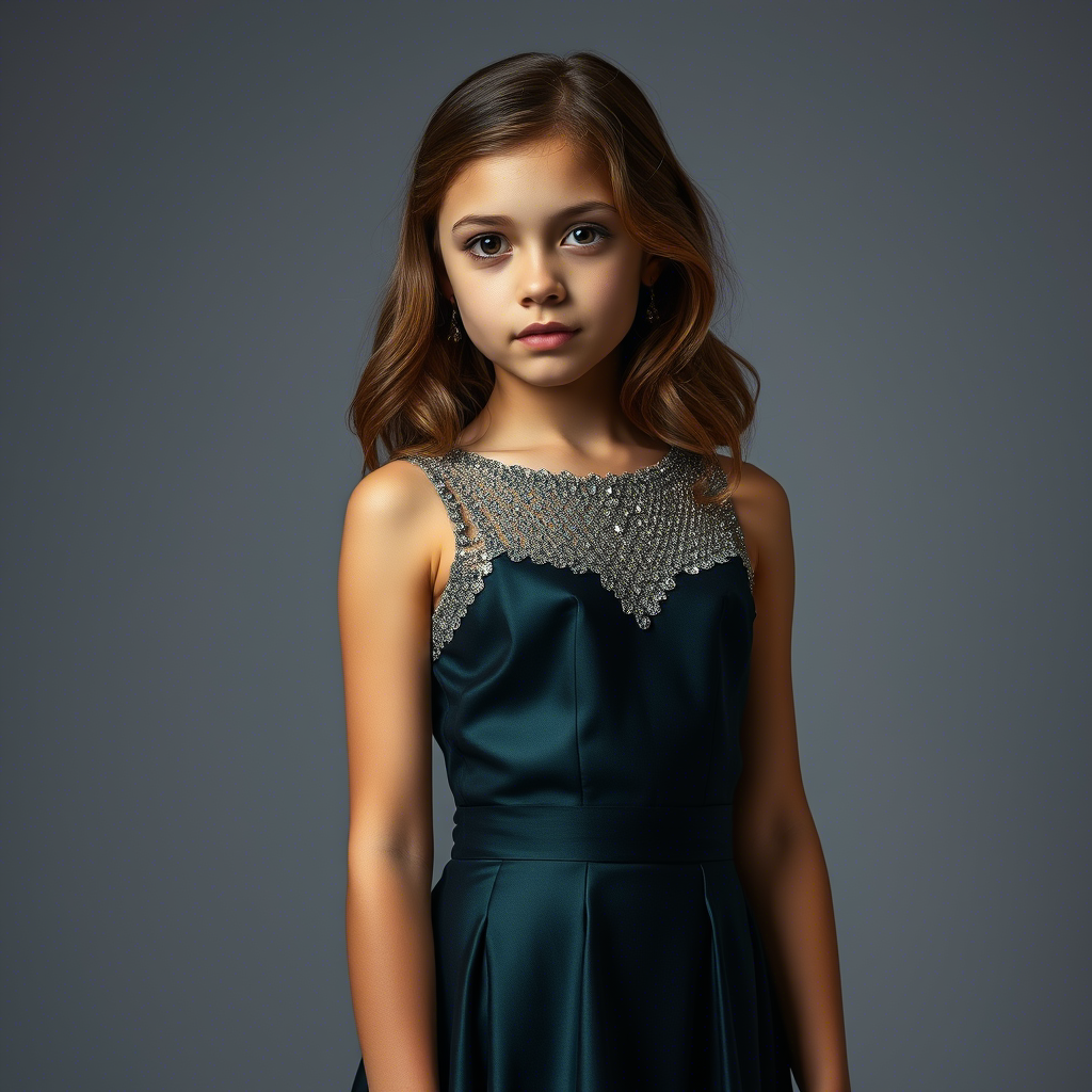 Stylish teenage girl modeling elegant sequin evening dress in a photoshoot