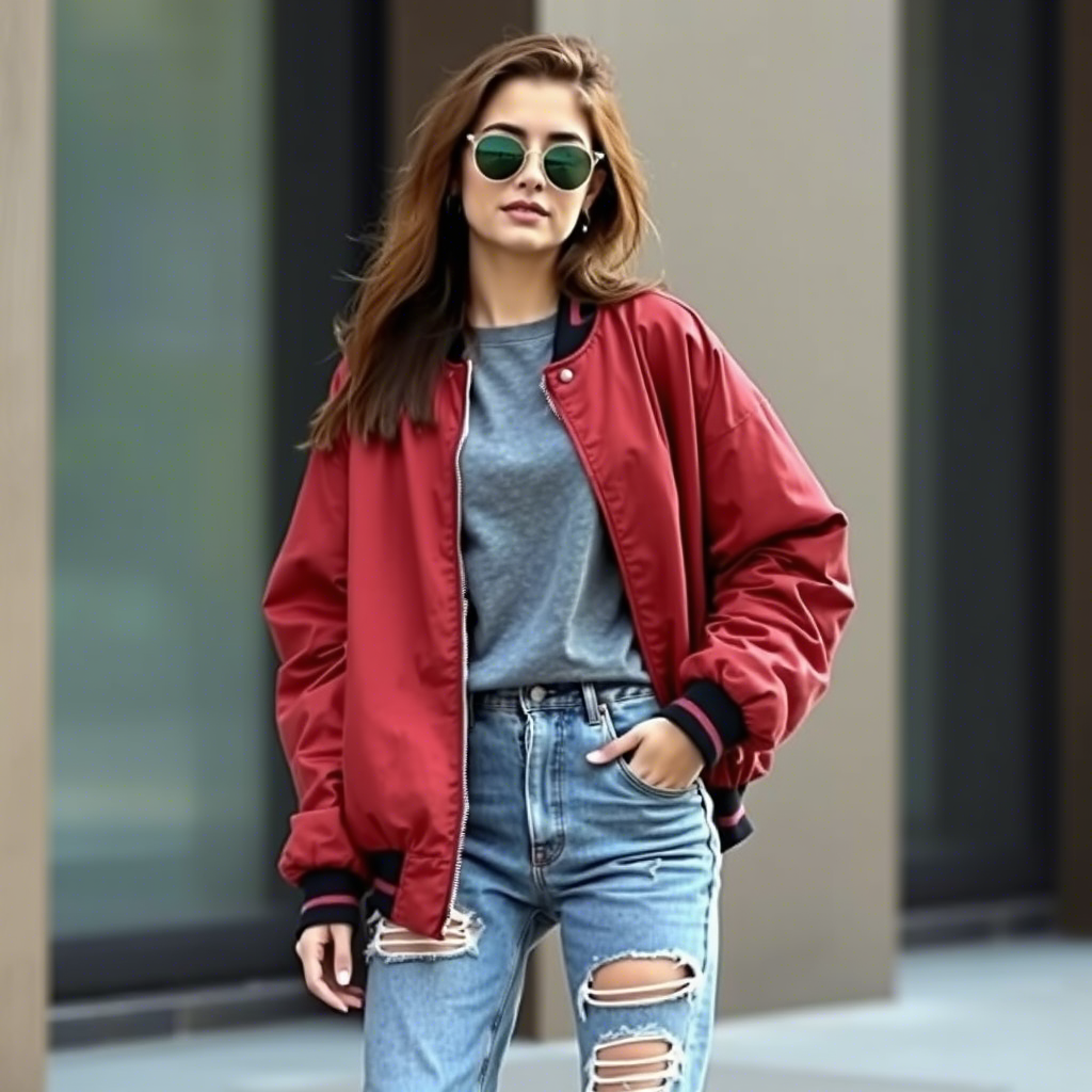 Stylish teenager wearing boyfriend jeans and oversized bomber jacket