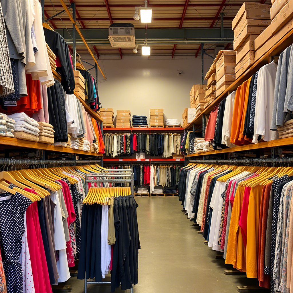 Stylish wholesale clothing warehouse with neatly organized fashion apparel