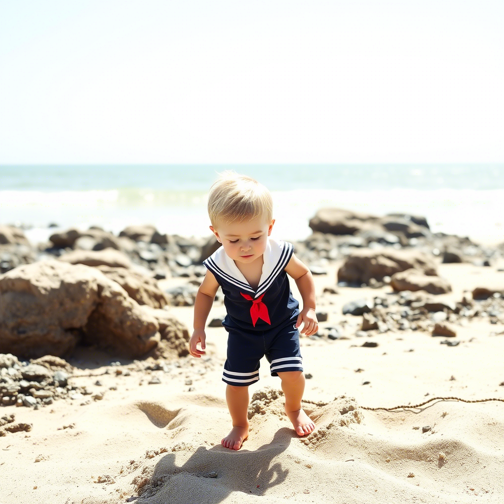 Summer baby boy in sailor suit, playing on a sunny beach