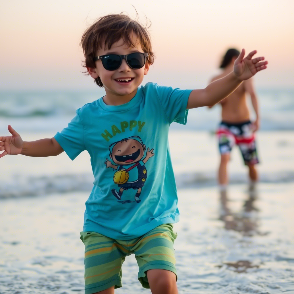 Summer boy in shorts and graphic t-shirt having fun at beach