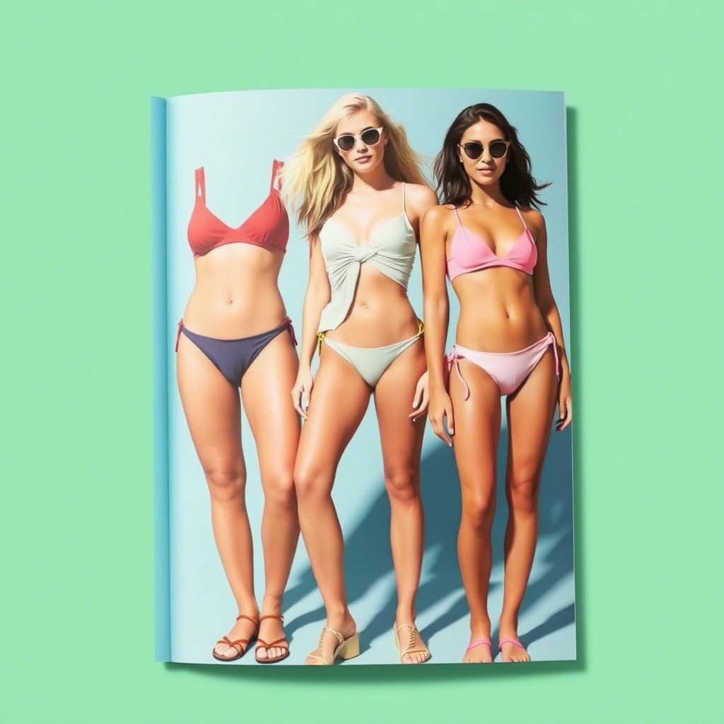 Summer fashion magazine featuring various swimsuit colors and styles