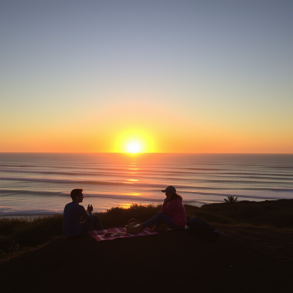 Sunset picnic on a hill overlooking the ocean waves