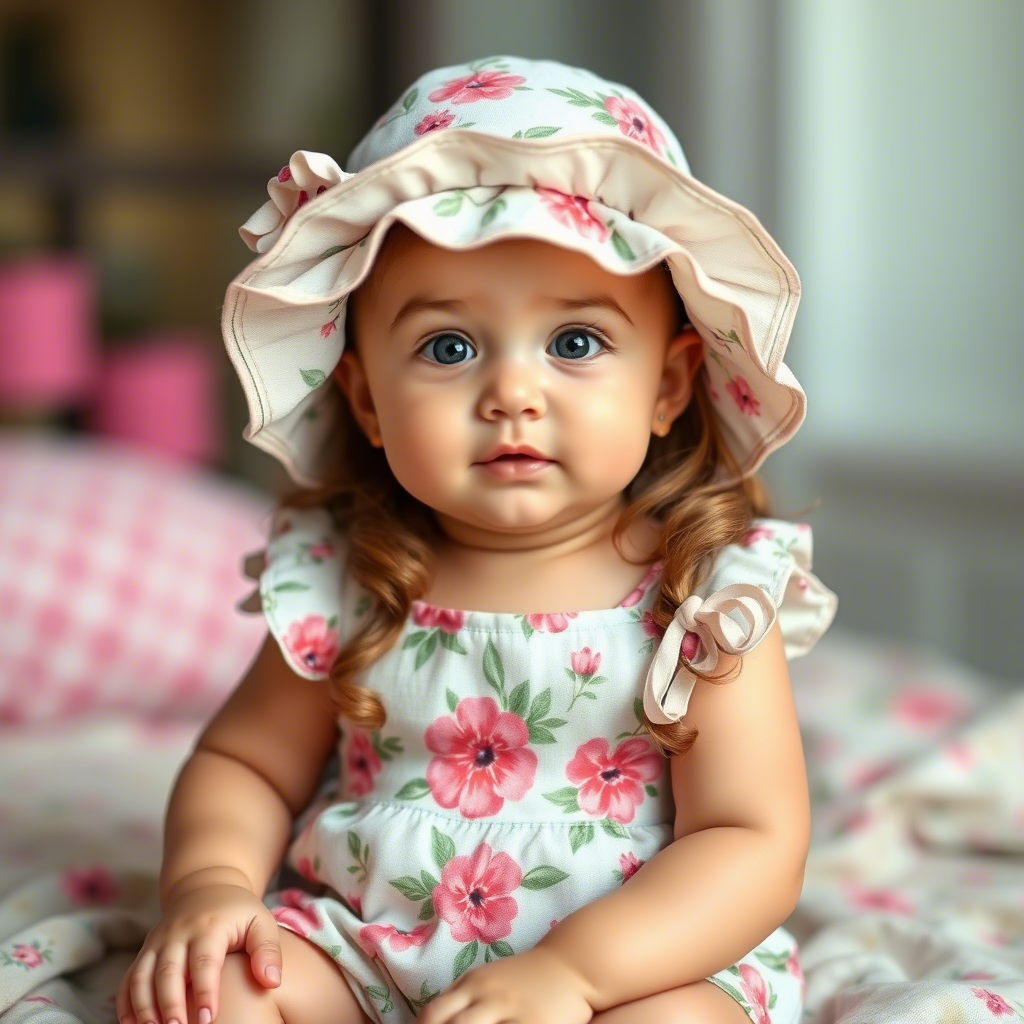 Sweet infant girl wearing floral romper with matching hat