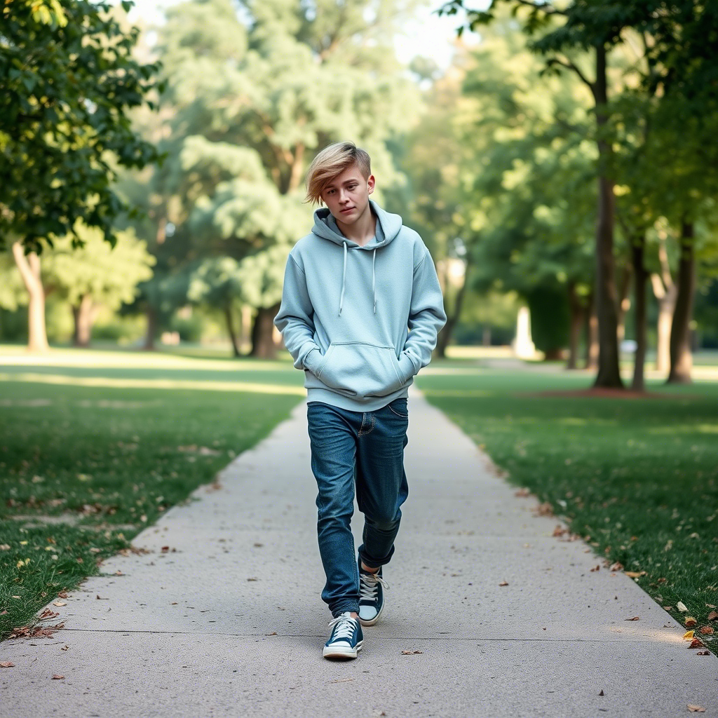 Teenage boy in faded jeans and sweatpants walking in park with hoodie