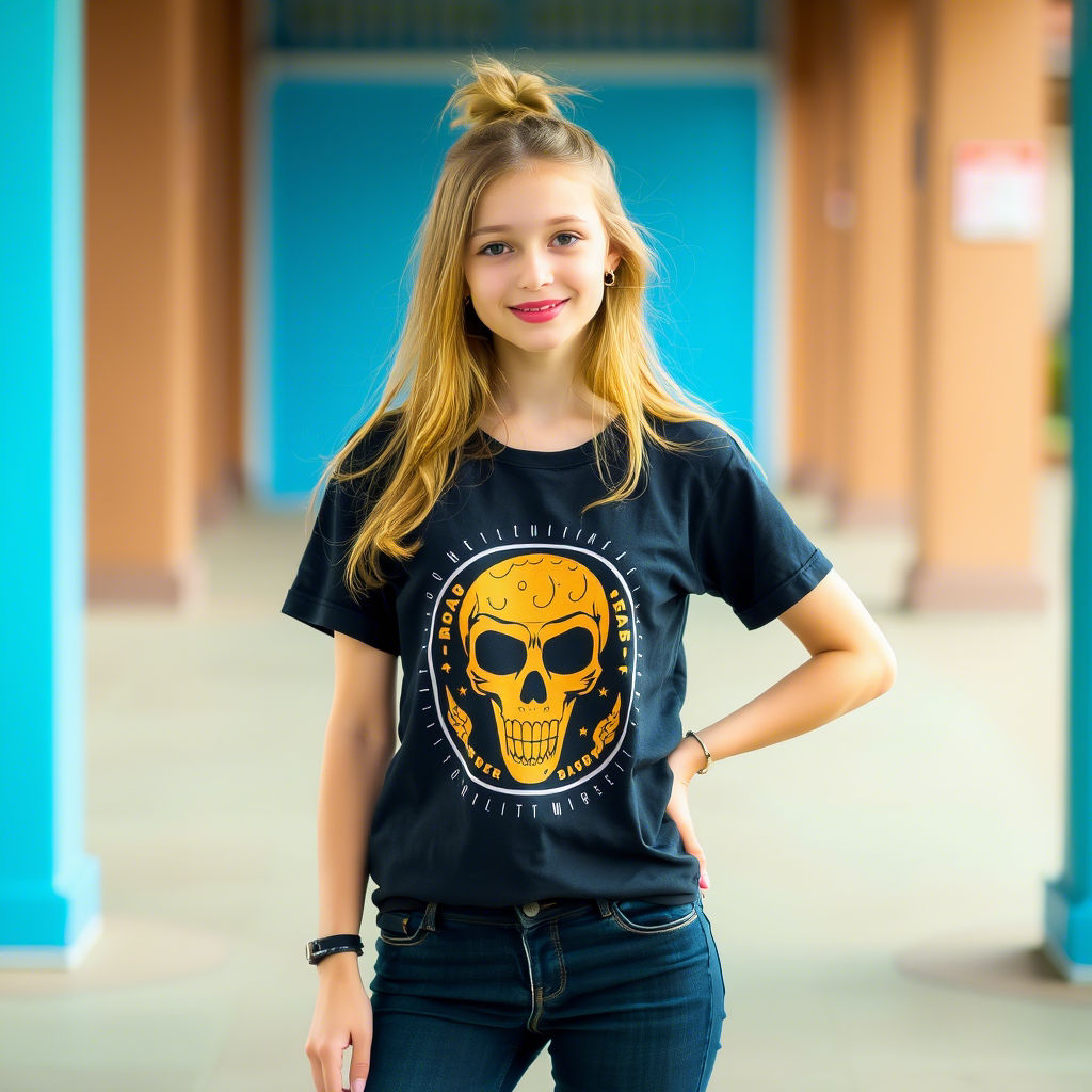 Teenage girl modeling a trendy graphic t-shirt, posing in a casual setting