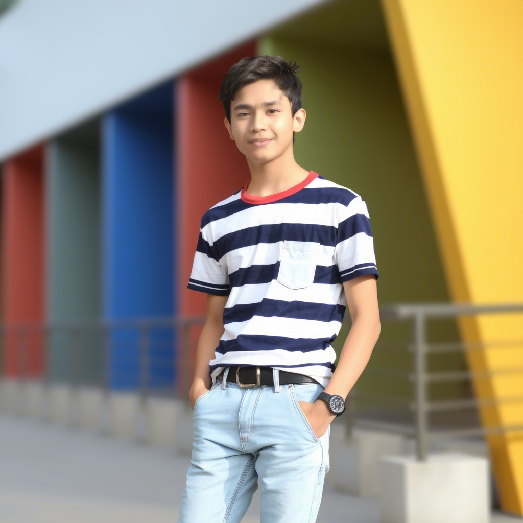 Teenager in straight-fit jeans and a striped casual shirt