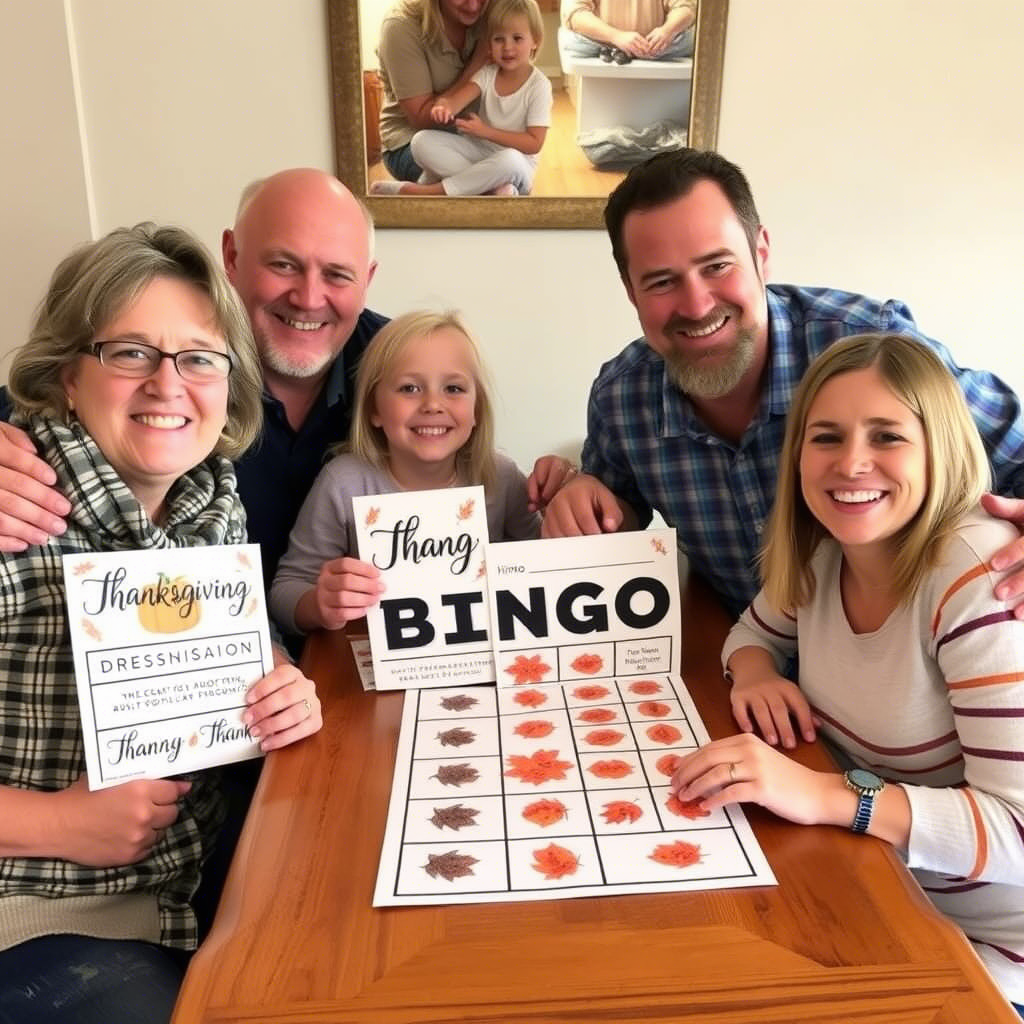 Thanksgiving-themed bingo cards with family members smiling