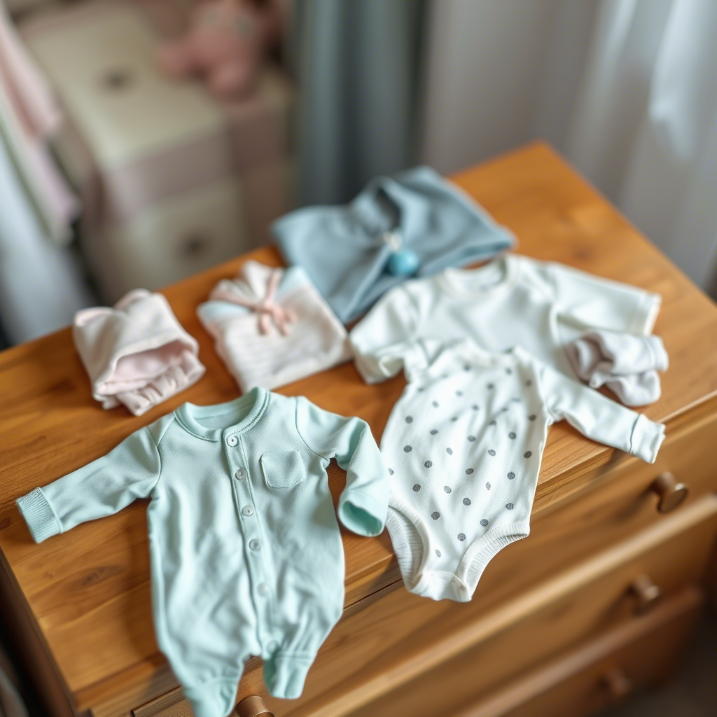 Tiny baby clothes laid out on a wooden dresser with a soft focus background