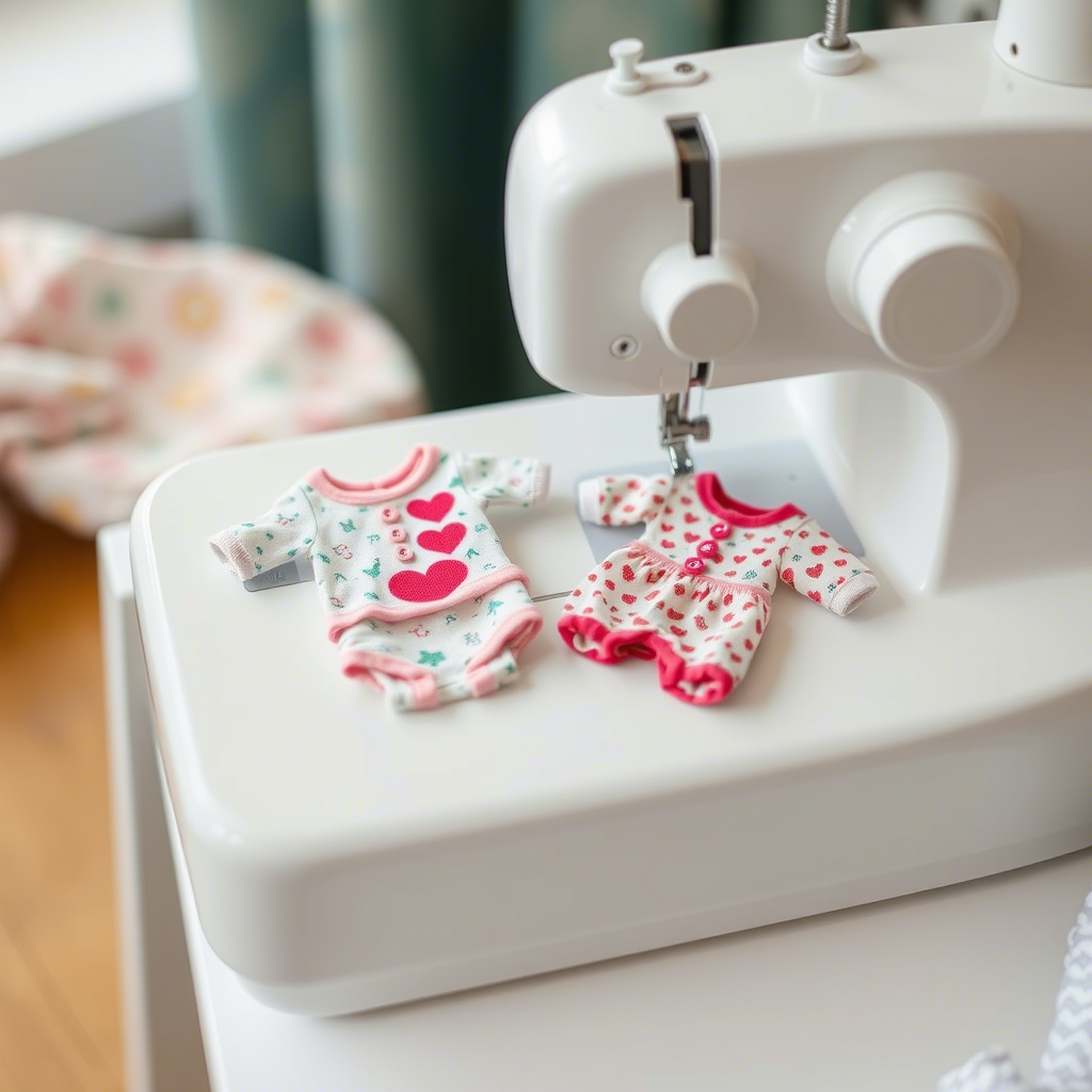 Tiny baby clothes with cute designs and patterns on a sewing table