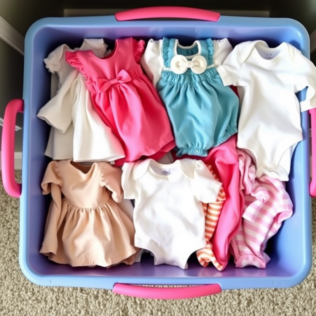 Tiny baby girl dresses and onesies organized in a colorful storage bin