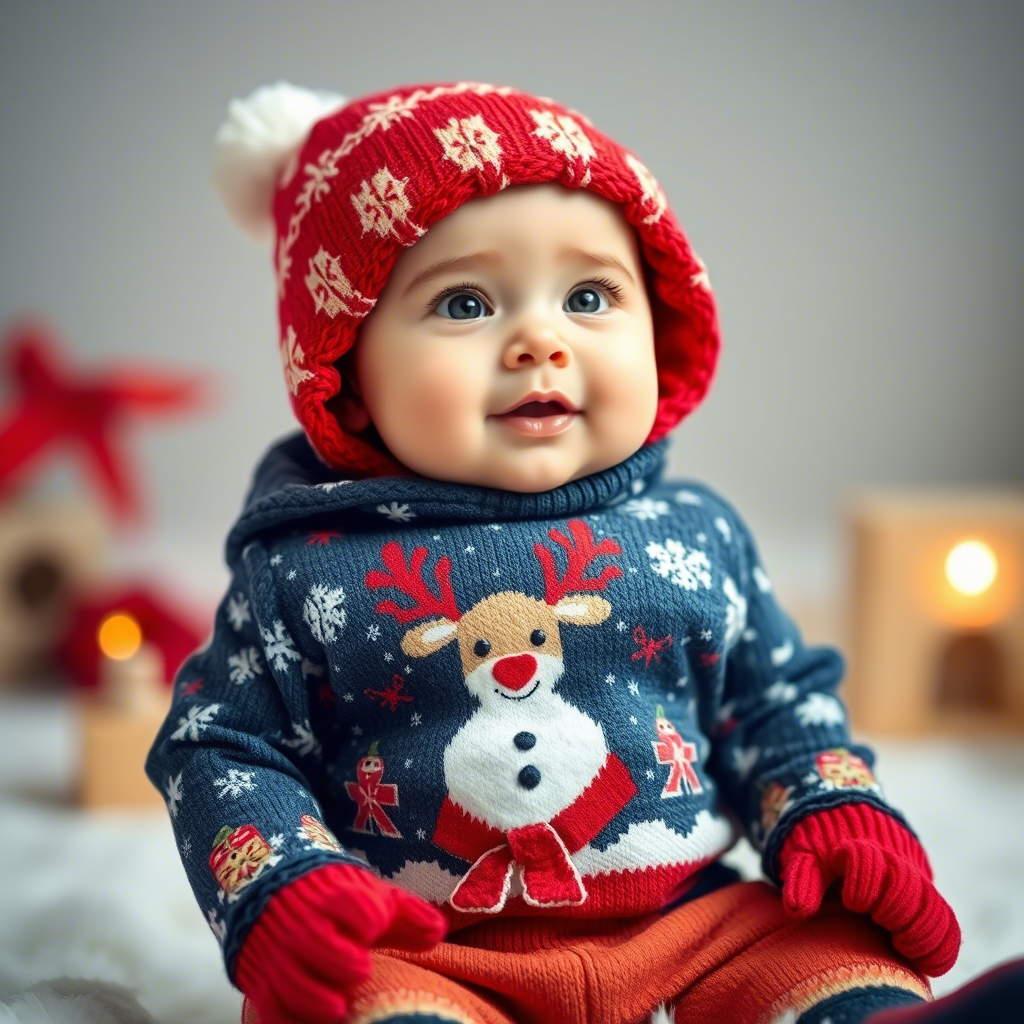 Tiny tot in cozy winter outfit with reindeer and snowman design
