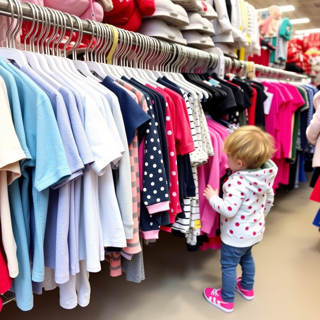 Toddler apparel hanging on a crowded wholesale rack