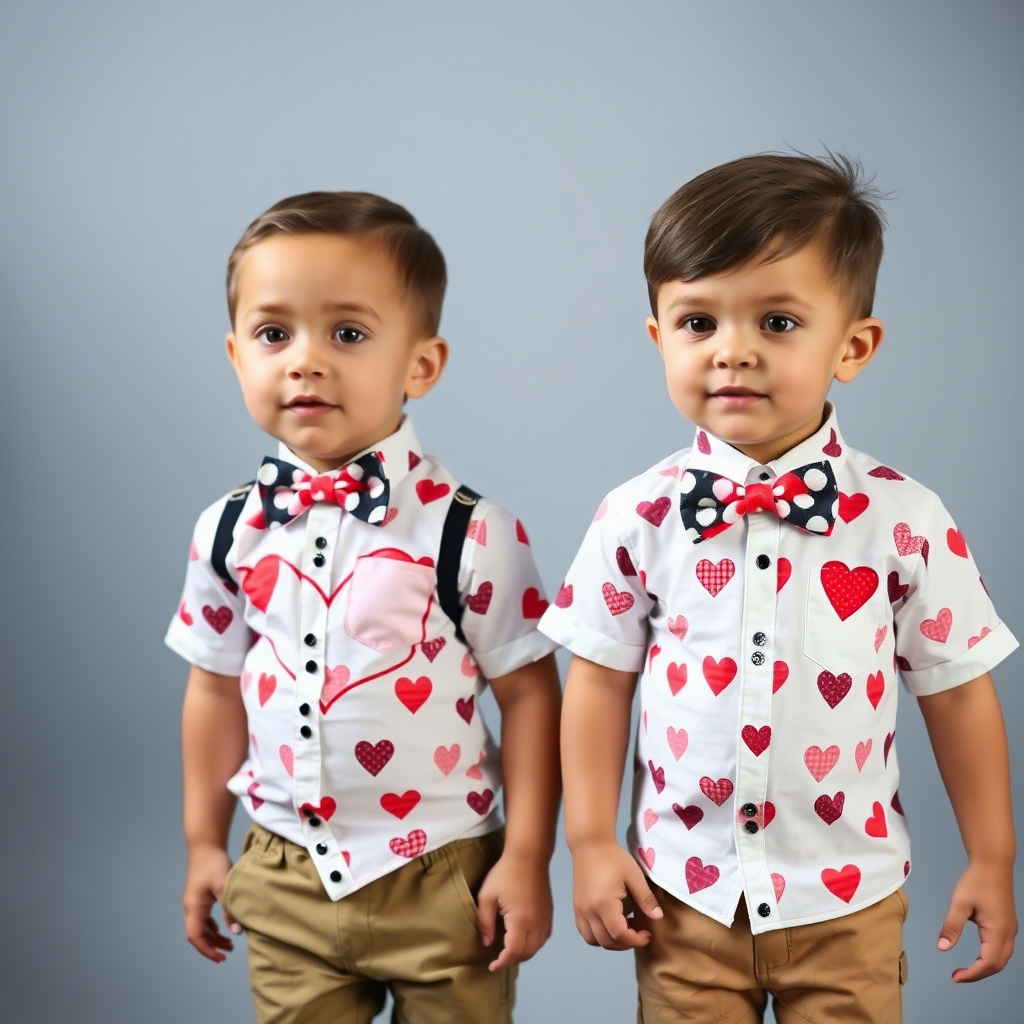 Toddler boy and girl dressed in heart-printed shirts and bow ties