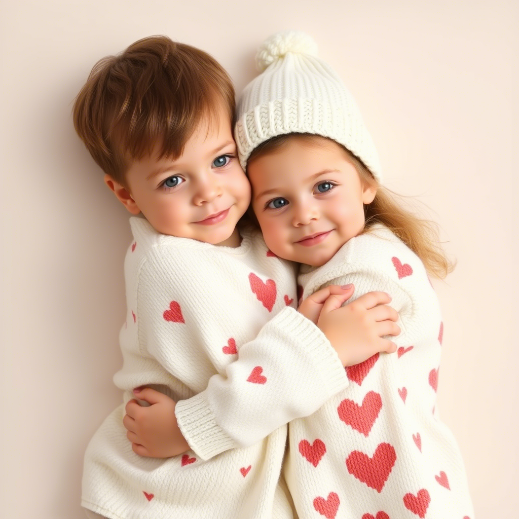 Toddler boy and girl twins in cozy matching outfits hugging each other