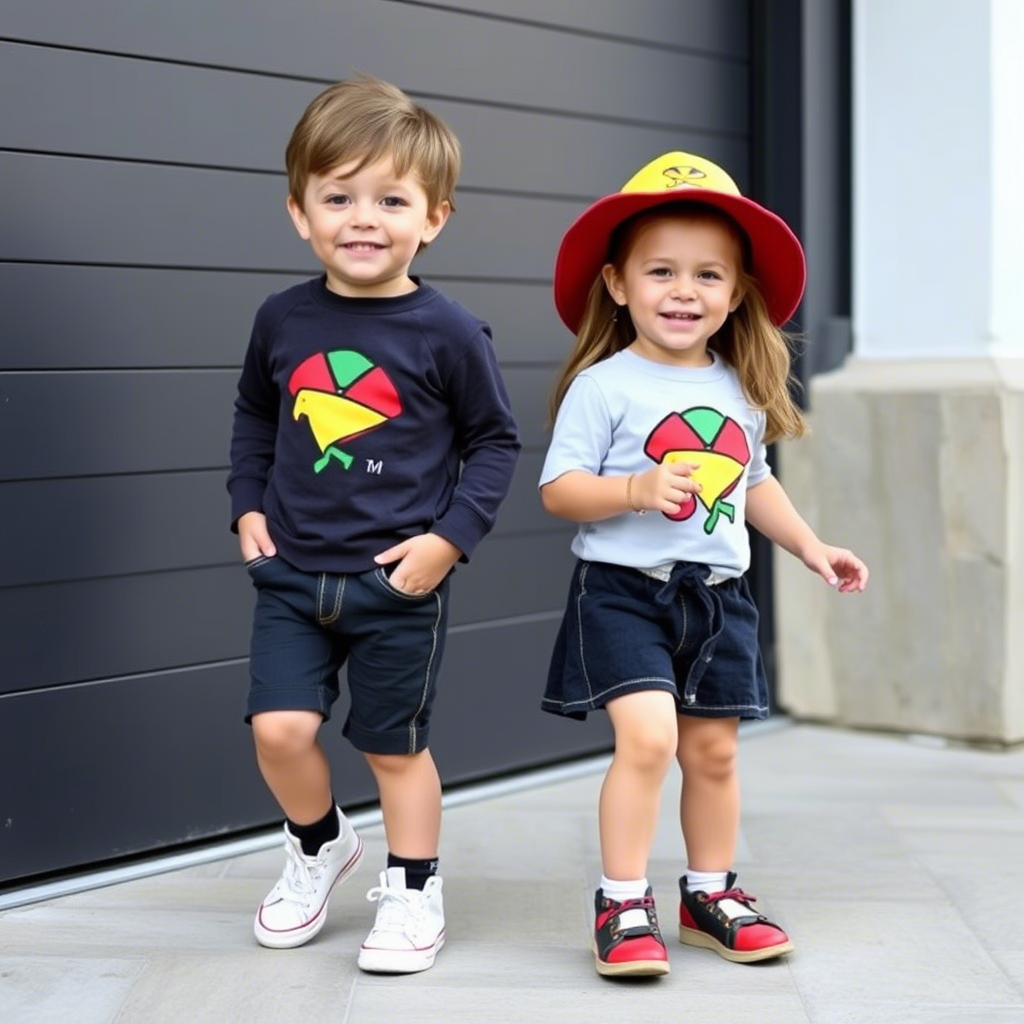 Toddler boy and girl twins in matching casual outfits having fun