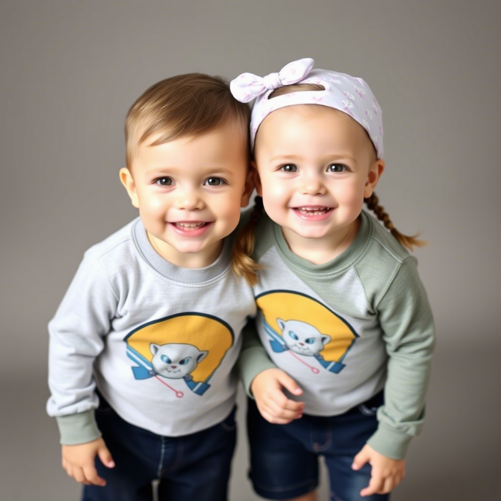 Toddler boy and girl twins in matching casual wear smiling together