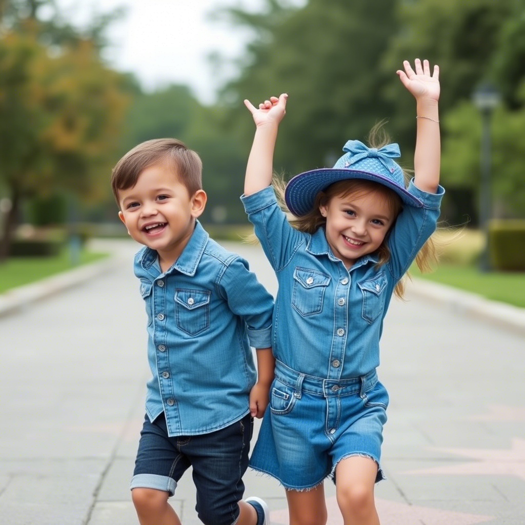 Toddler boy and girl twins in matching denim outfits having fun together