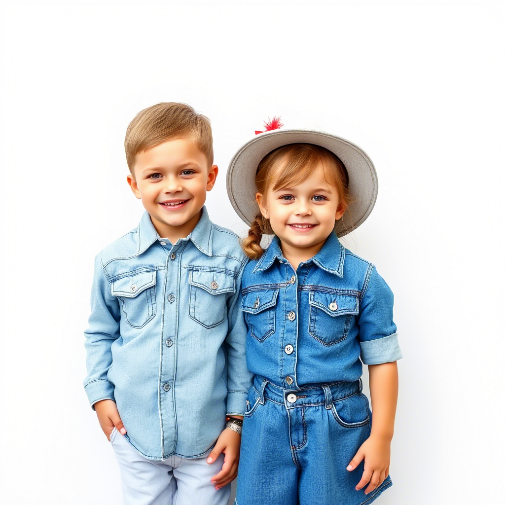 Toddler boy and girl twins in matching denim outfits smiling