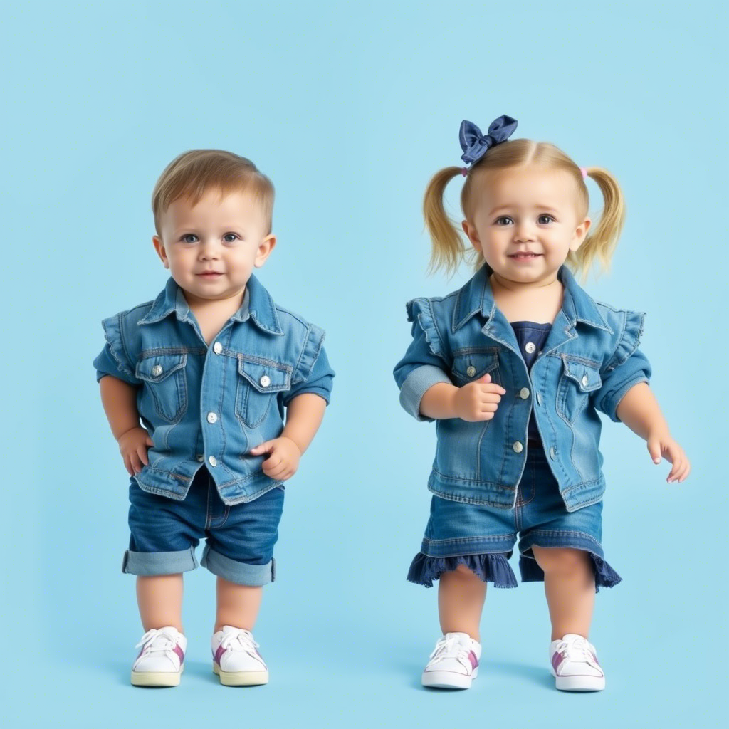 Toddler boy and girl twins in matching denim outfits