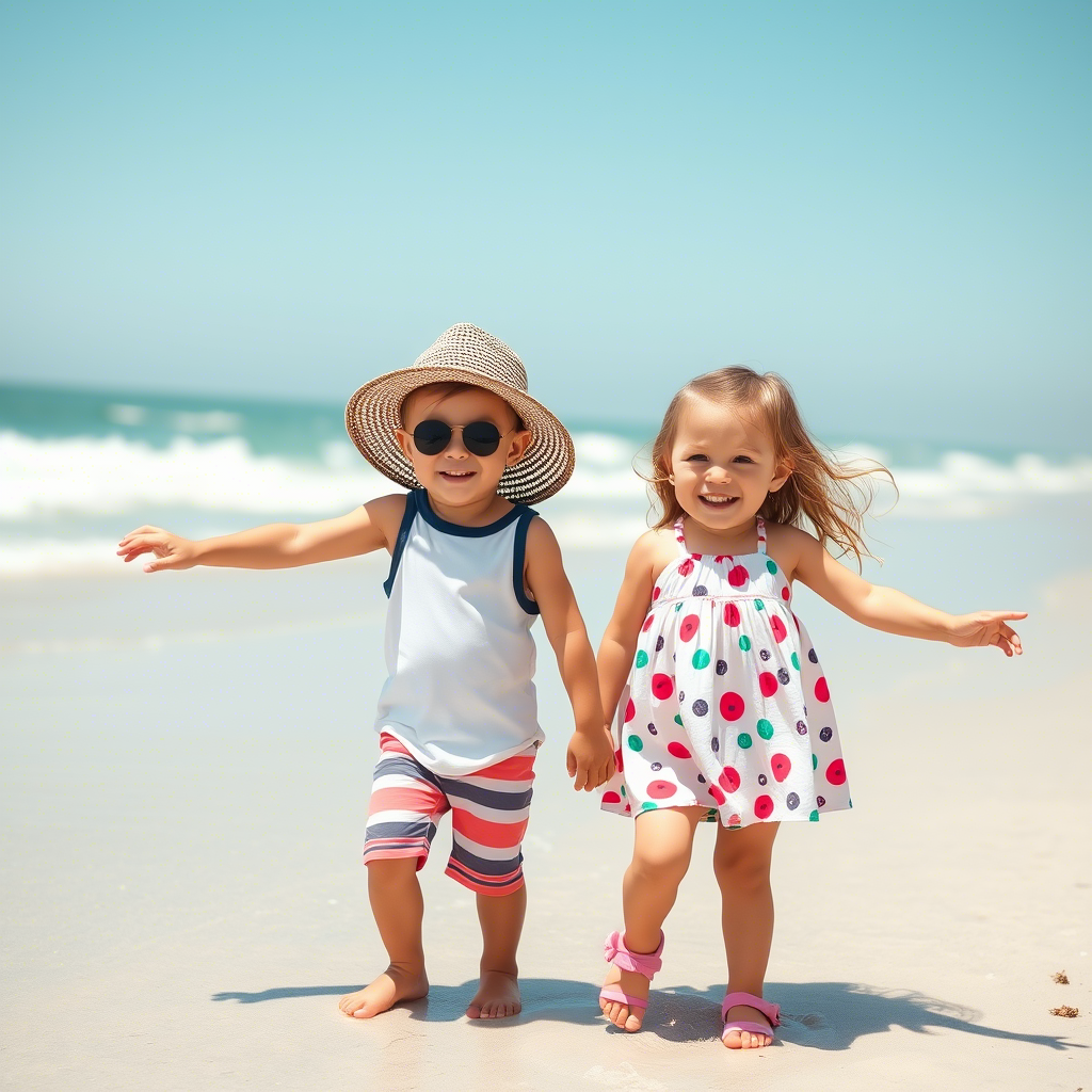 Toddler boy and girl twins in matching outfits having fun at the beach