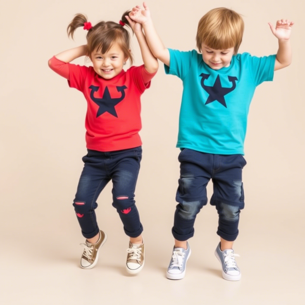 Toddler boy and girl twins in matching outfits having fun together