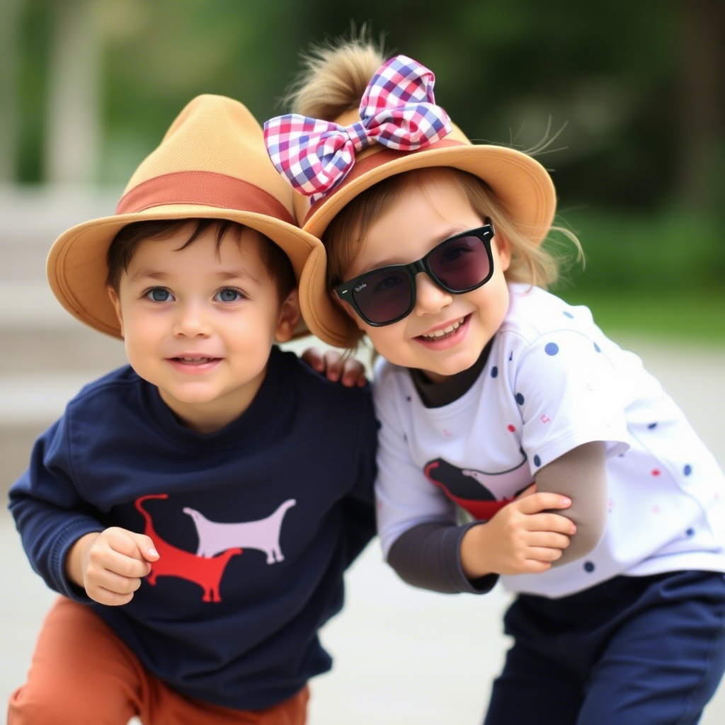 Toddler boy and girl twins in matching outfits having fun together