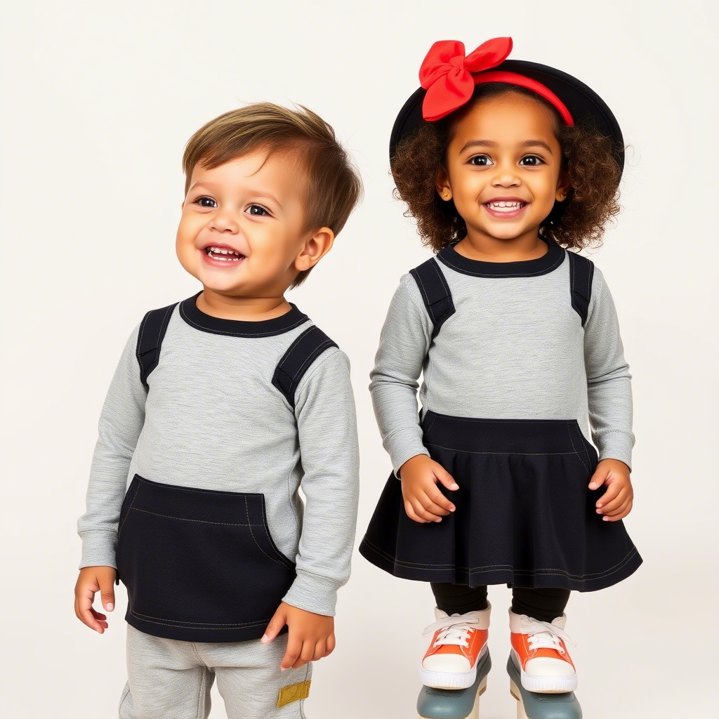 Toddler boy and girl twins in matching outfits smiling
