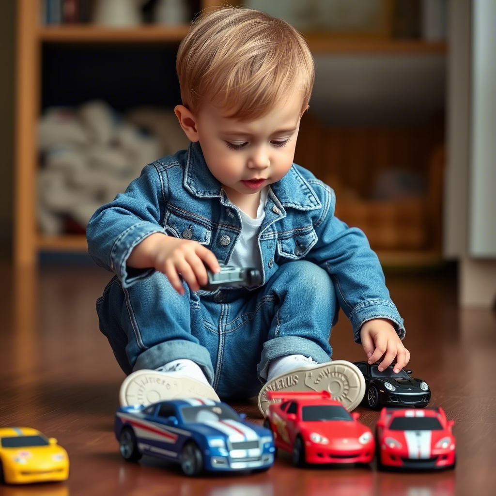 Toddler boy dressed in a denim jacket and jeans, playing with toy cars