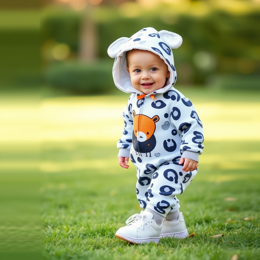 Toddler boy dressed in adorable animal print onesie and sneakers smiling