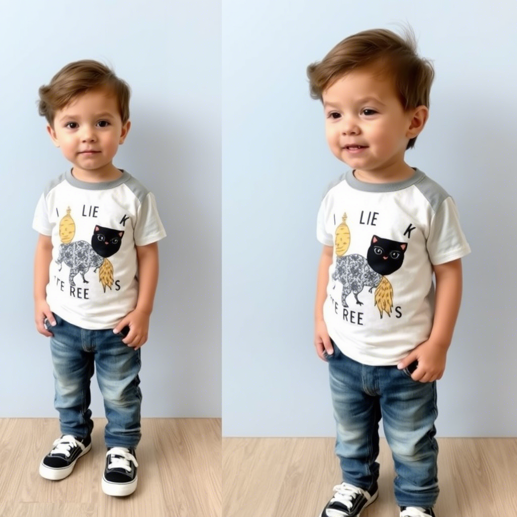 Toddler boy dressed in adorable graphic tee and denim pants