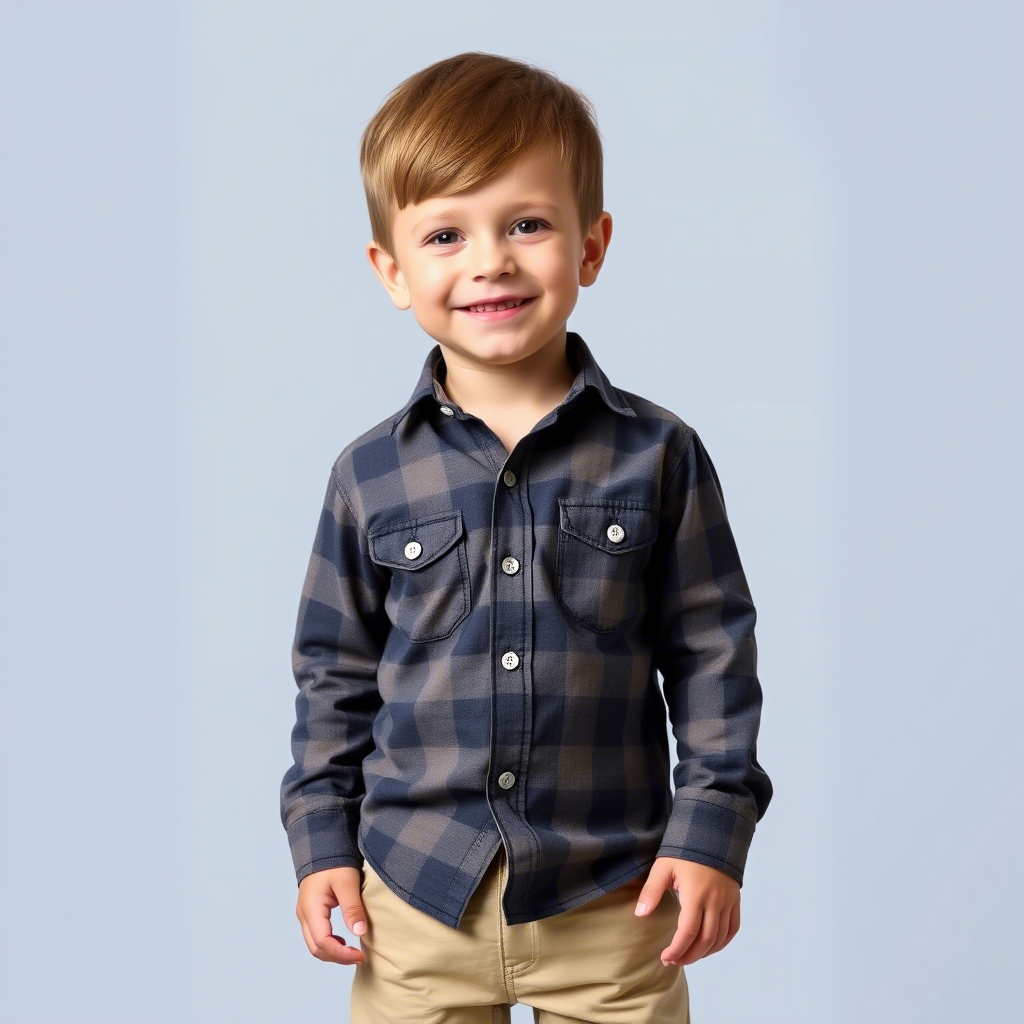 Toddler boy dressed in casual button-down shirt and khaki pants smiling