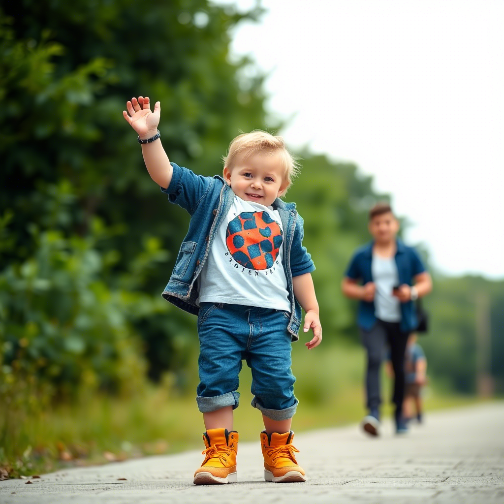 Toddler boy dressed in casual supplier clothing, having fun outdoors