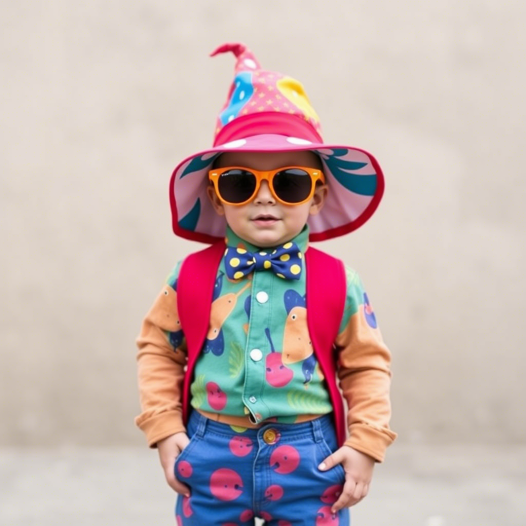 Toddler boy dressed in colorful outfit with fun hats and sunglasses