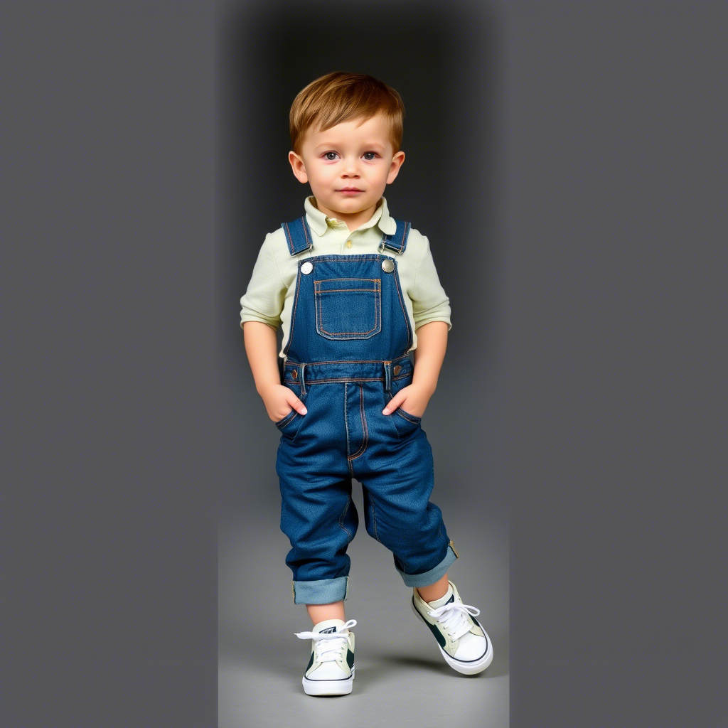 Toddler boy dressed in fashionable denim overalls and sneakers