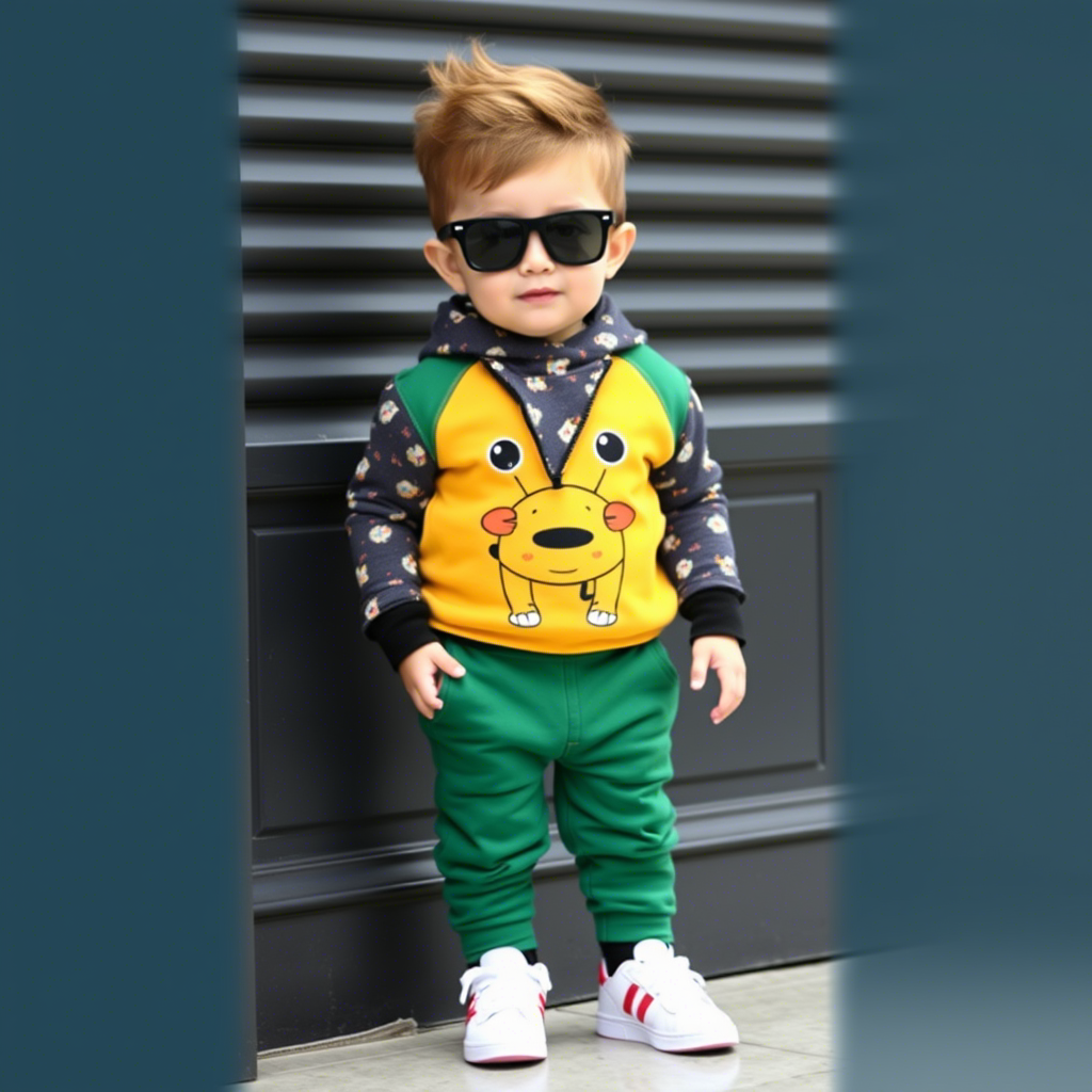Toddler boy dressed in fashionable wholesale clothing with fun designs