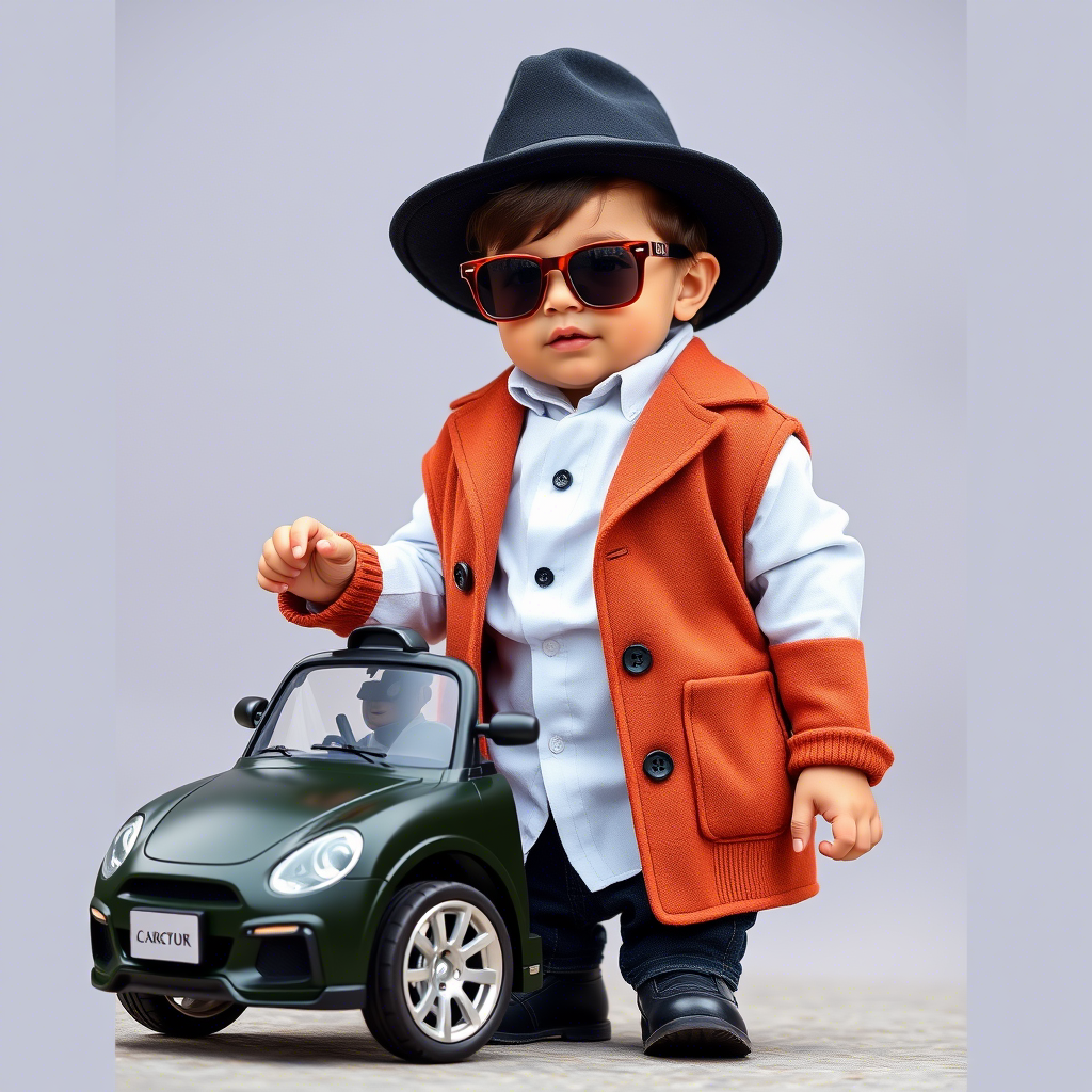 Toddler boy dressed in stylish outfit holding a toy car