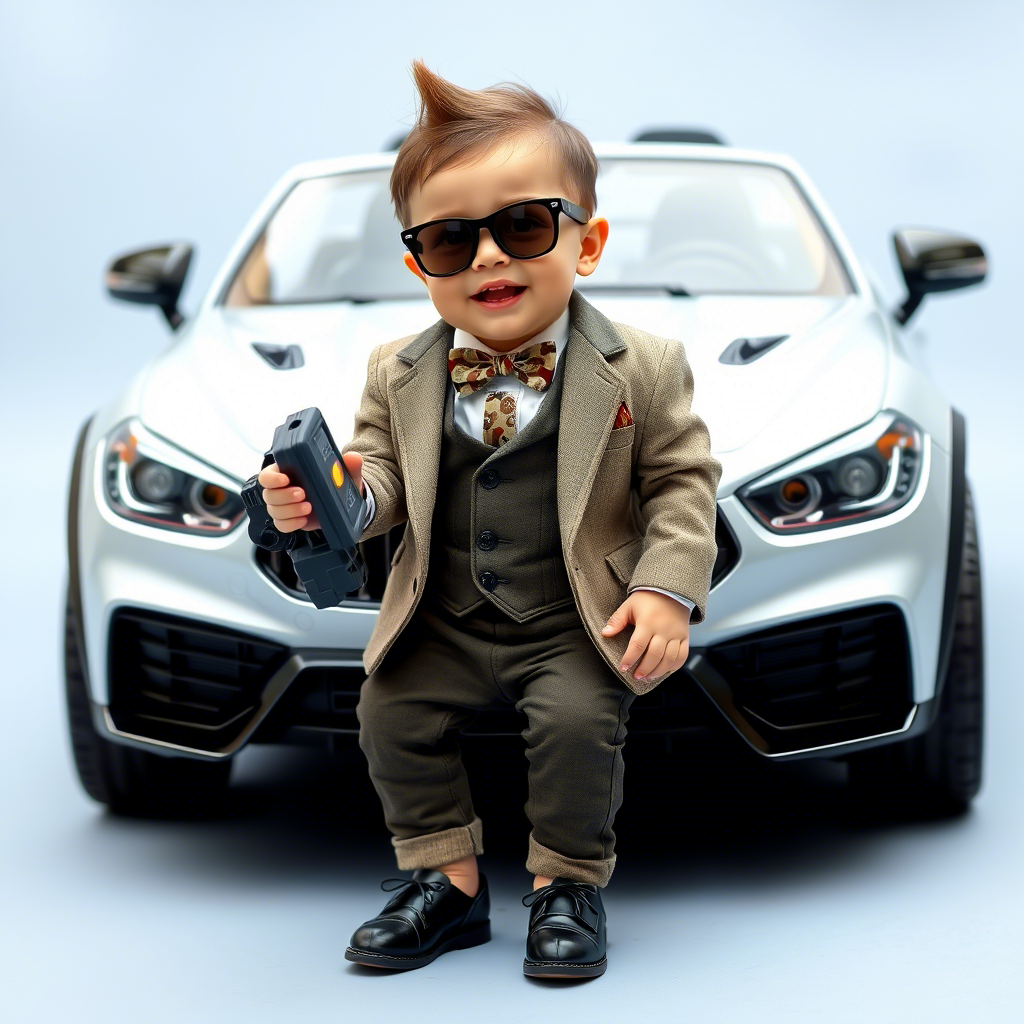 Toddler boy dressed in stylish outfit, holding a toy car happily