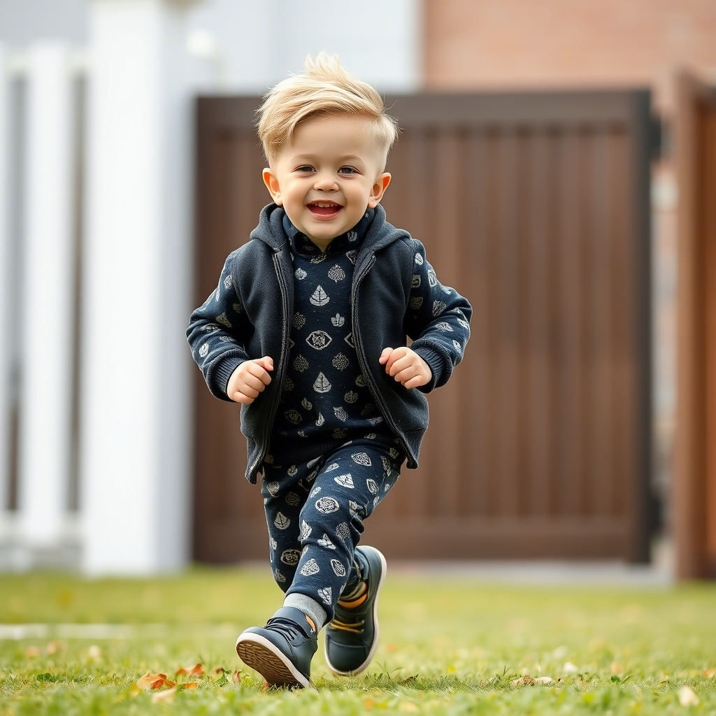 Toddler boy dressed in stylish wholesale clothing, running happily outdoors