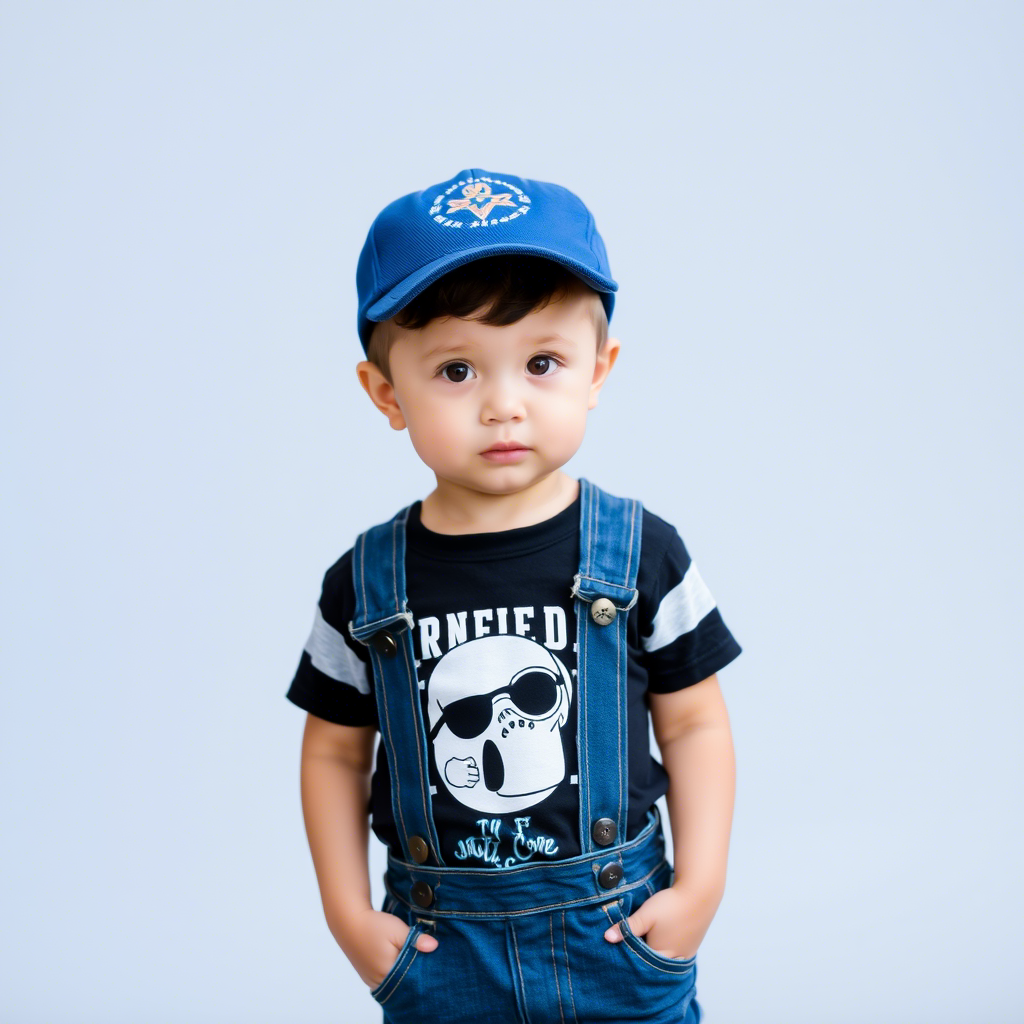Toddler boy dressed in trendy graphic tee and denim overalls
