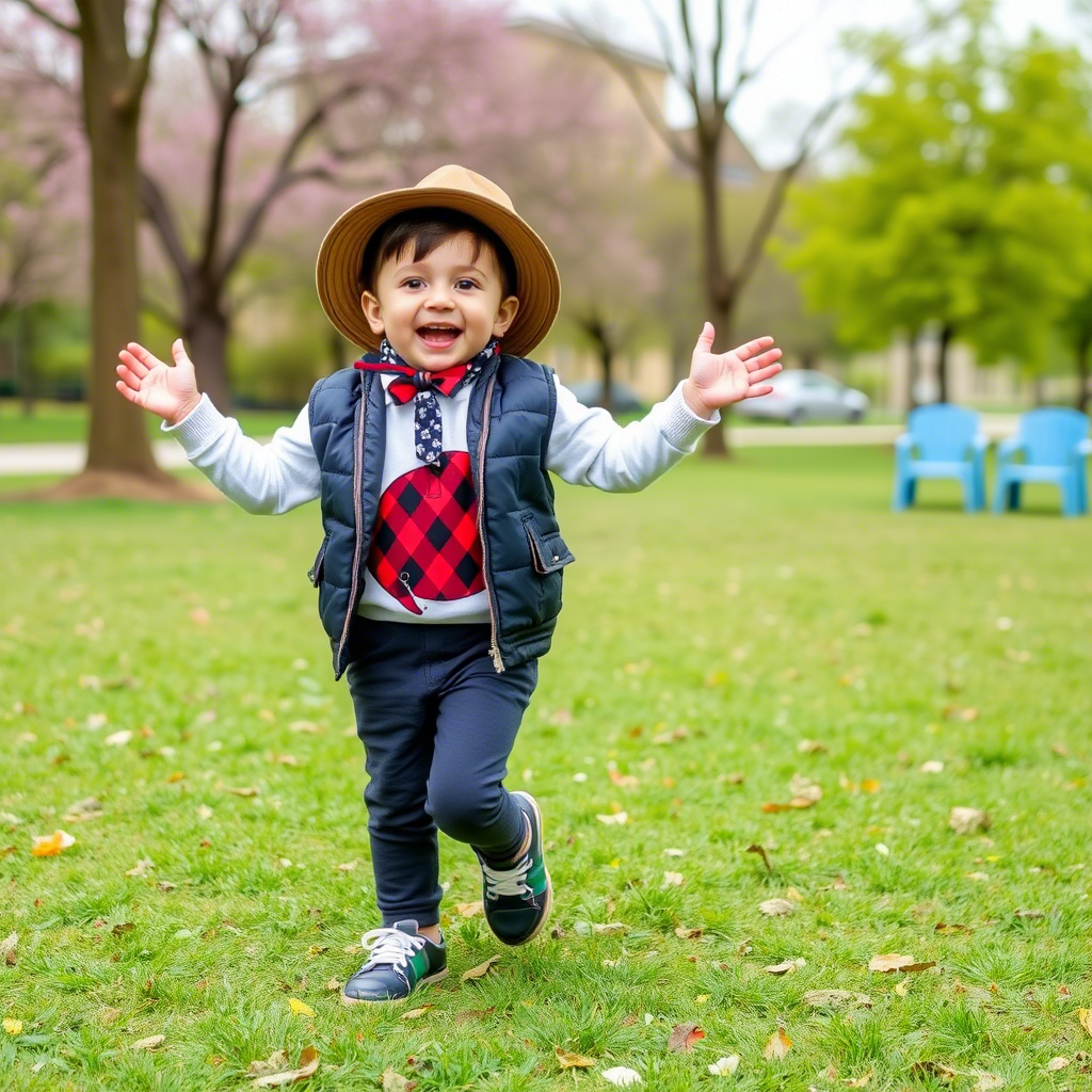 Toddler boy dressed in trendy outfit, having fun in the park