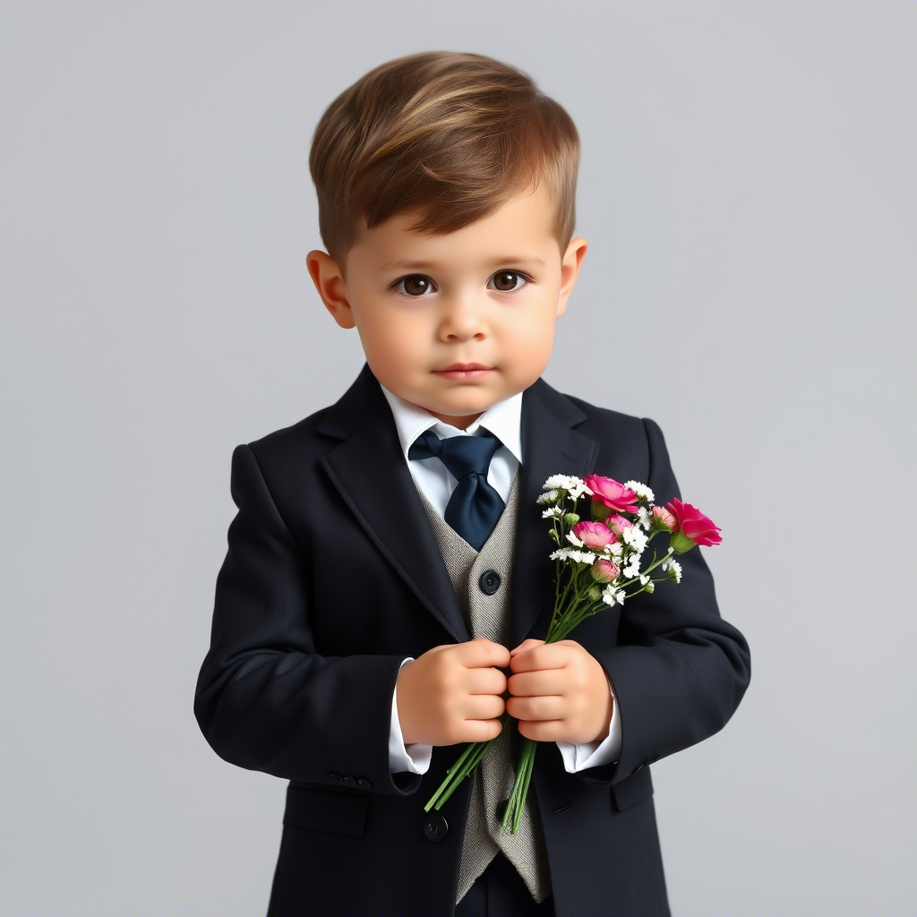 Toddler boy in a miniature suit holding a tiny bouquet