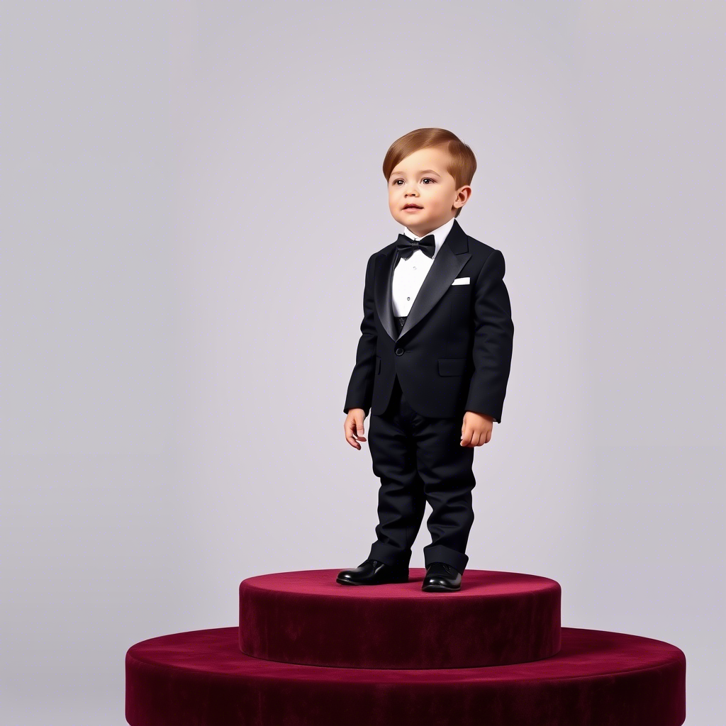 Toddler boy in a tiny tuxedo standing on a velvet podium
