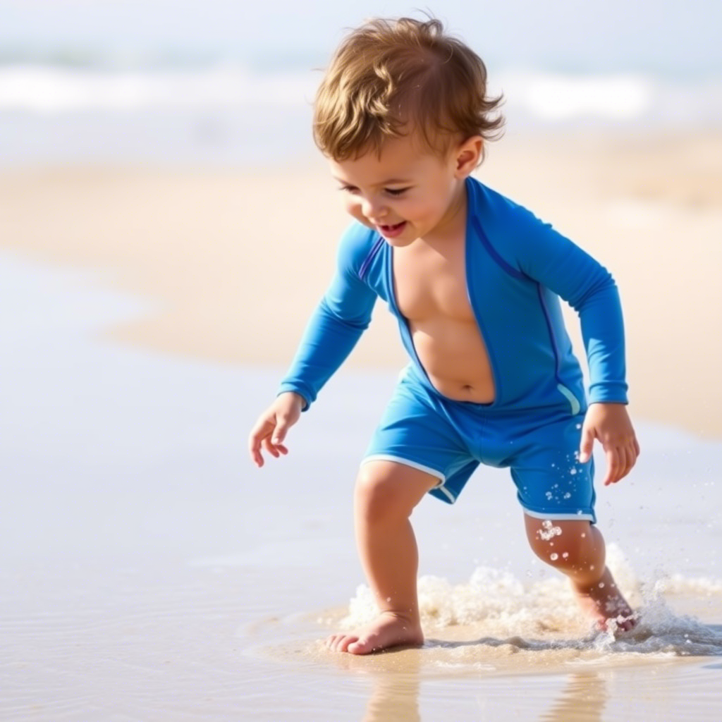 Toddler boy in bright blue swim trunks playing on the beach