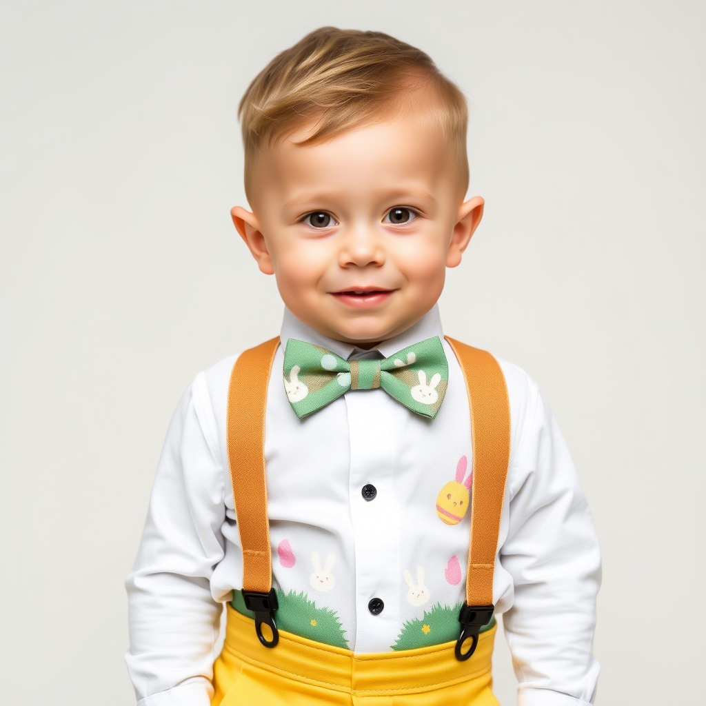 Toddler boy in Easter-themed suspenders and bow tie