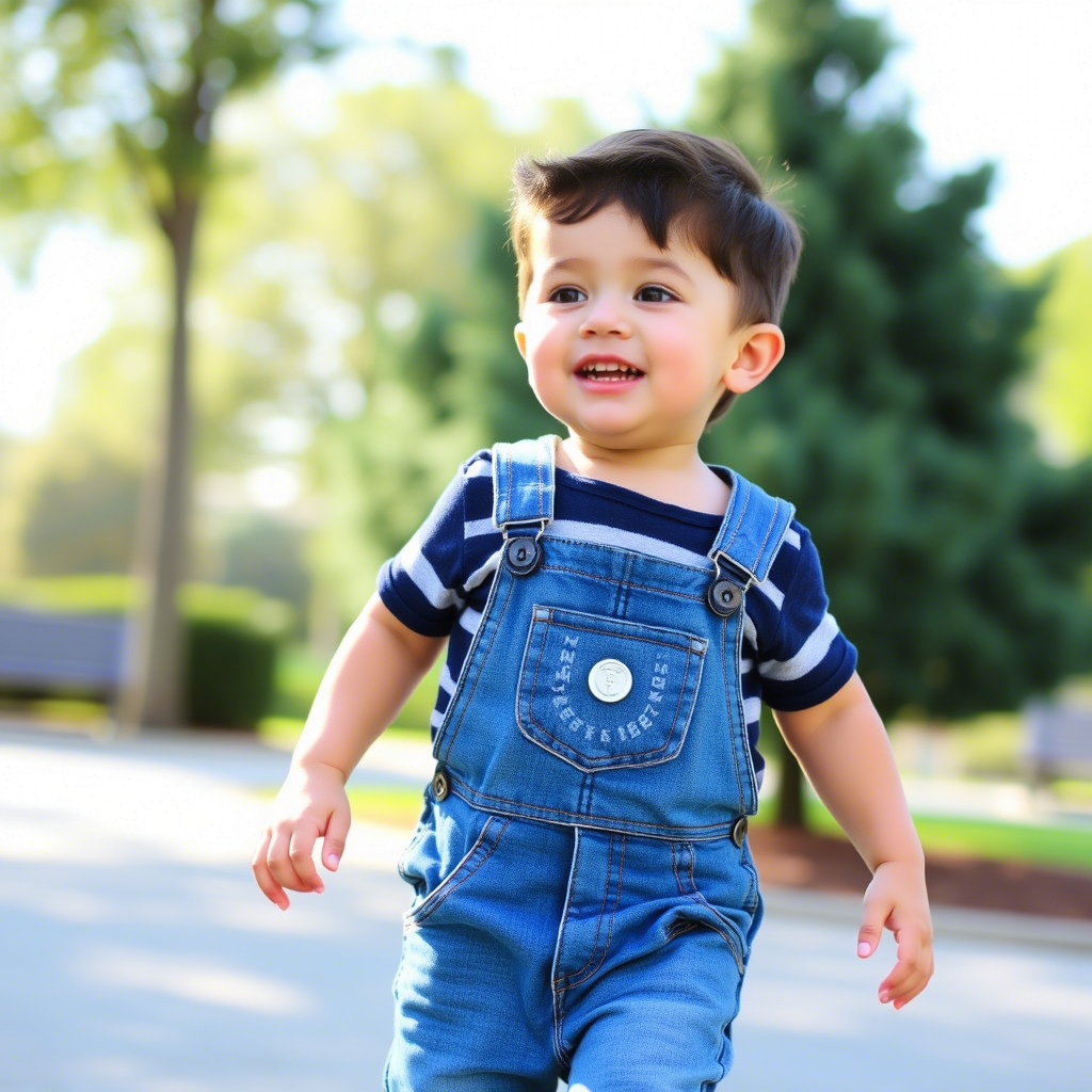 Toddler boy in stylish denim overalls having fun in park