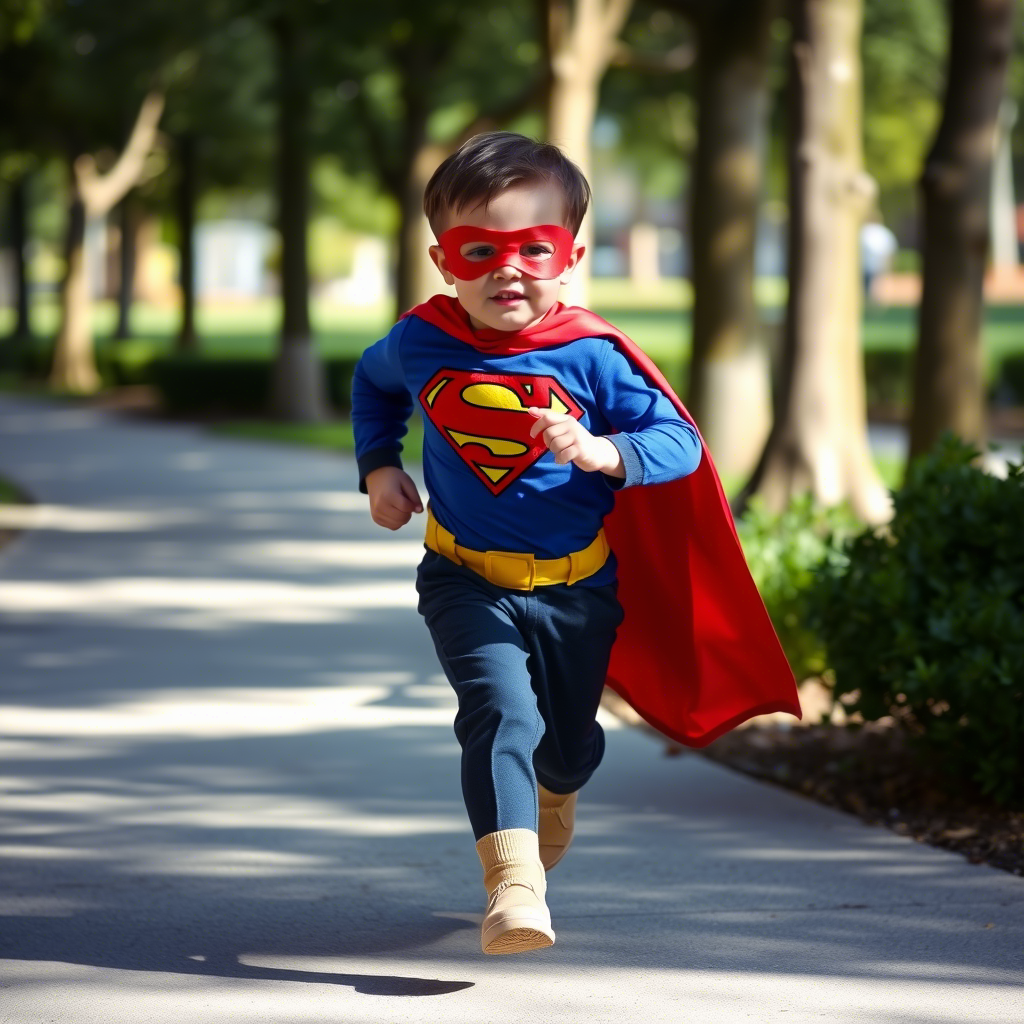 Toddler boy in superhero costume running in park