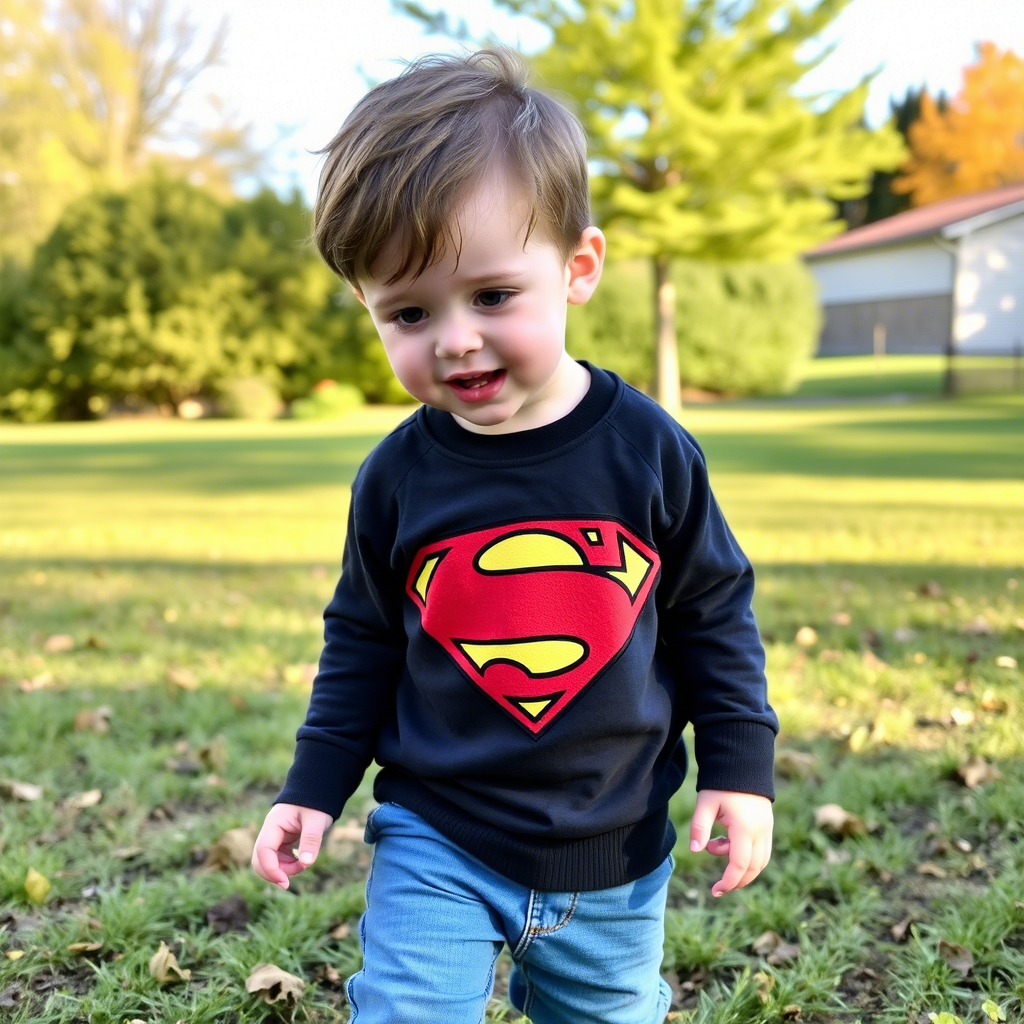 Toddler boy in superhero sweatshirt playing outside
