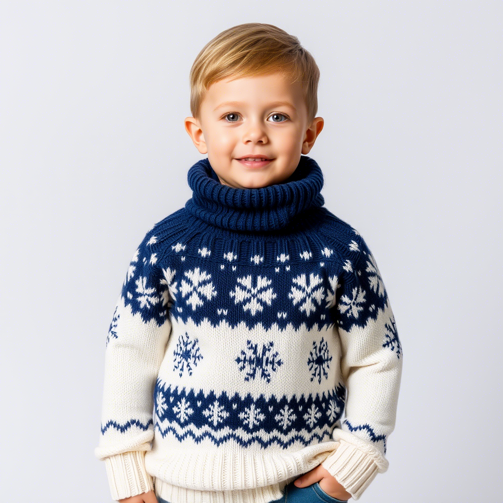 Toddler boy modeling a cozy winter sweater with snowflakes